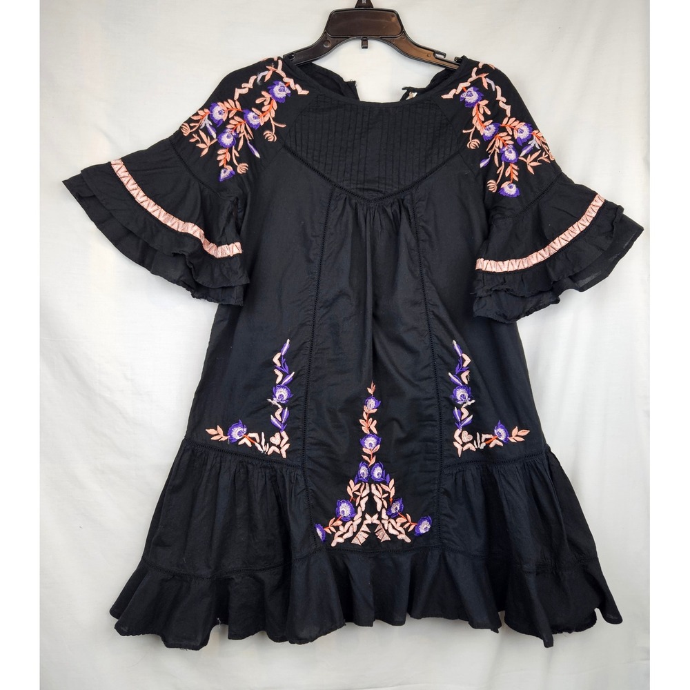 Free People Pavlo Black‎ Embroidered Ruffle Tiered Dress S Boho Cottagecore